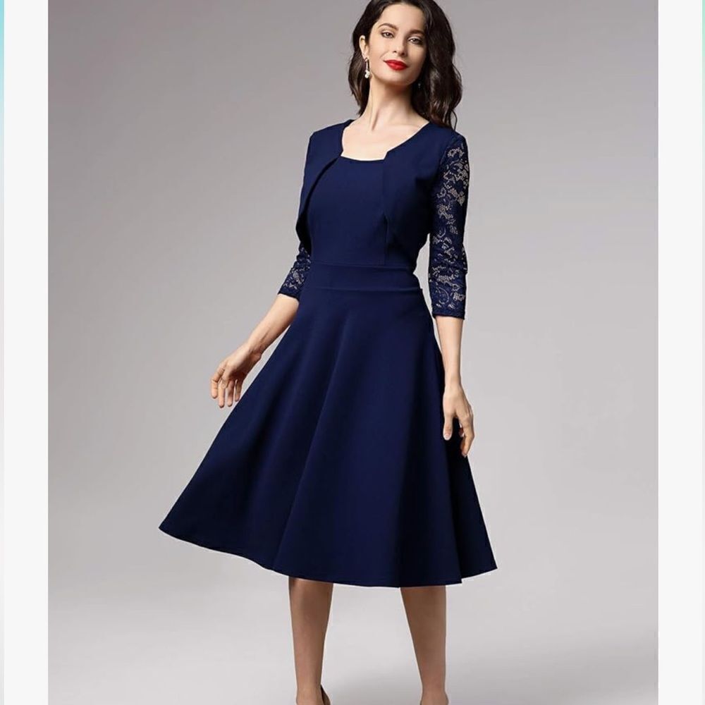 Miusol Women's Vintage Square Neck Floral Lace 2/3 Sleeve Swing Dress Size 2XL